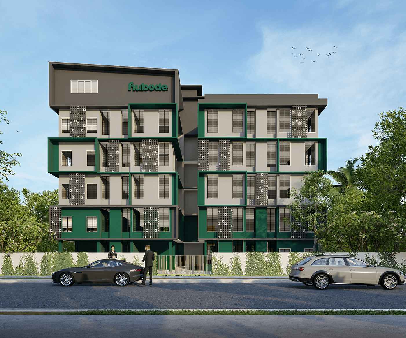 Modern residential tower with lush greenery