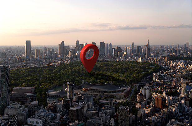 City skyline with location pin